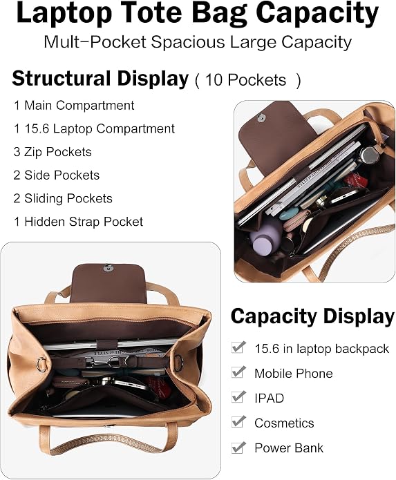 Large Laptop Tote Bag for Women Designer Leather Laptop Bag, 15.6in | Fashion Travel Backpack Purse Shoulder Handbag Fits 15.6 Laptop, Daily, Work, Business Trip, Weekend Travel, Teacher - Image 3