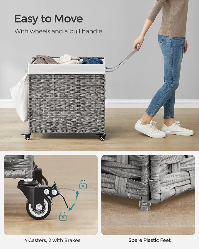 SONGMICS Laundry Hamper with Lid, 37 Gallons (140 L), Rolling Laundry Basket with Wheels, 3-Section Synthetic Rattan, Removable Liner, Bedroom, 26 x 13 x 26 Inches, Gray ULCB363G01 - Image 4