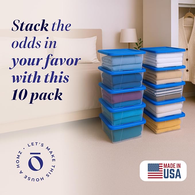 HOMZ 10-Pack Snaplock, Small Clear Plastic Storage Organizer Bins w/Lids, 6 Quart, Blue - Stackable Container Boxes for Bedroom, Bathroom, Garage, and Office Organization - Image 2