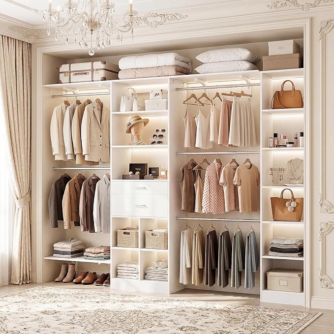 Besiost Closet System - 9.4FT/112" Closet Organizer System with Wooden Drawers,Closet Systems for Walk-In Closets with Hang Rods and Open Cabinet - Image 4