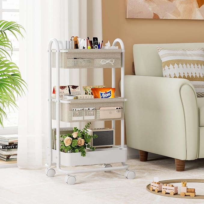 Modanais Baby Diaper Caddy Organizer Cart - 3 Tier Rolling Cart, Off White | Lockable Wheels, Baby Essentials Nursery Storage, Detachable Dividers - for Crib, Bedroom, Art & Craft Organizer - Image 4
