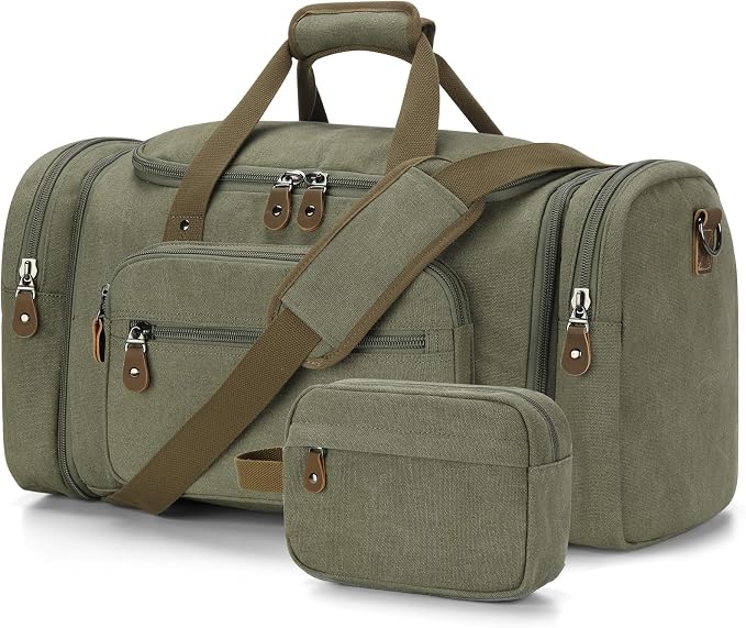 Gonex Canvas Duffle Bag, Expandable 60L Travel Overnight Weekender Bag | for Men, with Toiletry Bag, Multiple Pockets, Carry-On Size, Durable Zippers, Detachable Strap, Army Green by Gonex