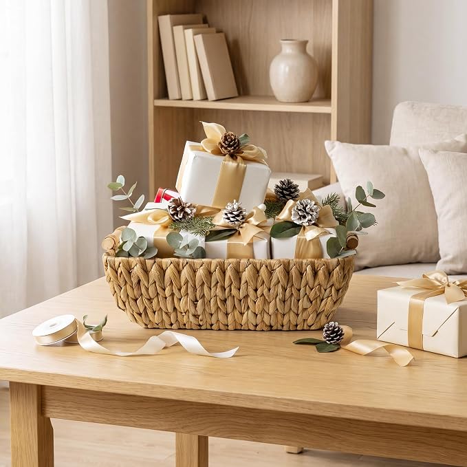 StorageWorks Hand-Woven Storage Baskets with Wooden Handles, Water Hyacinth Wicker Baskets for Organizing, 2 Pack | Wicker Storage Baskets for Shelves, Baskets with Wooden Handles, 2-Pack Gifts Basket for Home Decor, Hand-Woven Basket - Image 8