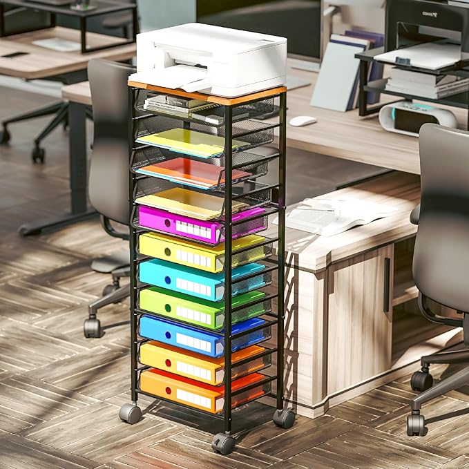 Simple Trending 12-Tier Rolling File Cart, Desk File Organizer with 11 Mesh Sliding Trays, Letter & Legal Paper Storage Rolling Utility Cart for Office Home School, Black - Image 3