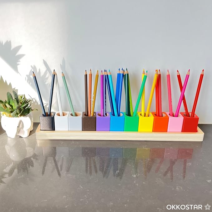 Wooden Crayon & Colored Pencil Holder, 11 Cups, Classroom (Large) | Montessori Color Sorting Caddy, 11 Beechwood Cups Plus 8 Bonus Stencils, Hold Crayons Pencils Markers, Toddler & Teacher Gift - Image 4