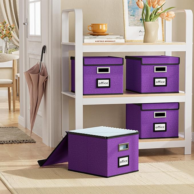 File Organizer Box with Lids, Collapsible File Folder Organizer | File Box with Plastic Slides for Office Document Storage, Filing Bin for Letter Size Hanging File Folders (1 Pack, Purple) - Image 2