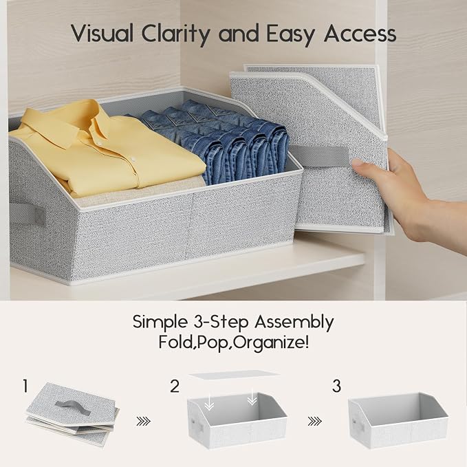 Large Closet Organizers and Storage Bins - 6 Pack Trapezoid Storage Baskets for Shelves, Foldable Fabric Baskets with Handles Ideal for Closet, Basket, Wardrobe and Shelf Storage, Light Grey - Image 4