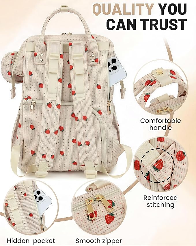 Corduroy Diaper Bag Backpack, Large Capacity Multifunction Baby Diaper Bags for Women, Insulated Bottle Pockets & Pacifier Case, Stylish Travel Nappy Changing Bags for Mom Dad (Strawberry) - Image 6