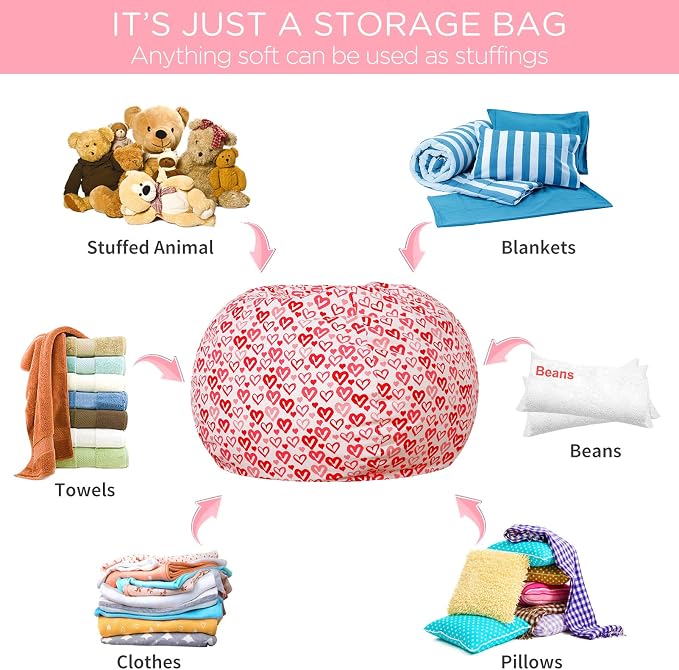 Aubliss Stuffed Animal Bean Bag Storage Chair, Beanbag Covers Only | for Organizing Plush Toys, Turns into Bean Bag Seat for Kids When Filled, Medium 32"-Canvas Pattern Heart - Image 3