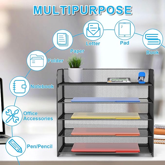 Legal/A4 5 Tier Paper Organizer,Paper Tray Holder for Desk,Letter Size File Holder/Sorter,File Folders Shelf Organizer for Office,School,Home,Solid Steel,Mesh,Sturdy,Leakproof,Large Capacity - Image 2