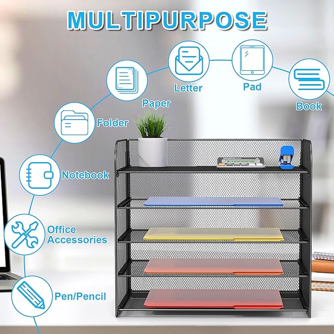 2 Pack Legal/A4/Letter Size Desk Paper Organizer Desktop File Organizer Document Sorter, 5 Tier Mesh Letter Tray File Folder Holder Office Accessories Organization - Image 3