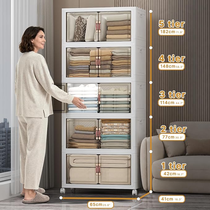 Stackable Storage Bins with Lids, 600QT Lockable Storage Cabinet | Folding Storage Box with Doors and Wheels, Collapsible Plastic Drawers for Home, Garage, Office - Image 2