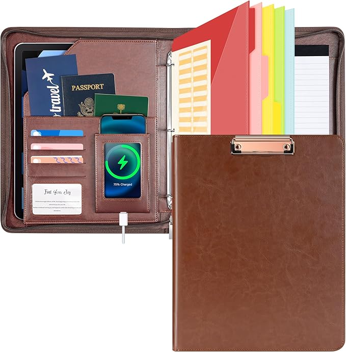 Ospelelf Zippered Padfolio Organizer, Faux Leather 3 Ring Binder with Clipboard, Letter Size Business Portfolio with Notepad, Tablet Sleeve & Phone Pockets for Office Work Brown by OspelelfOfficeSupplies