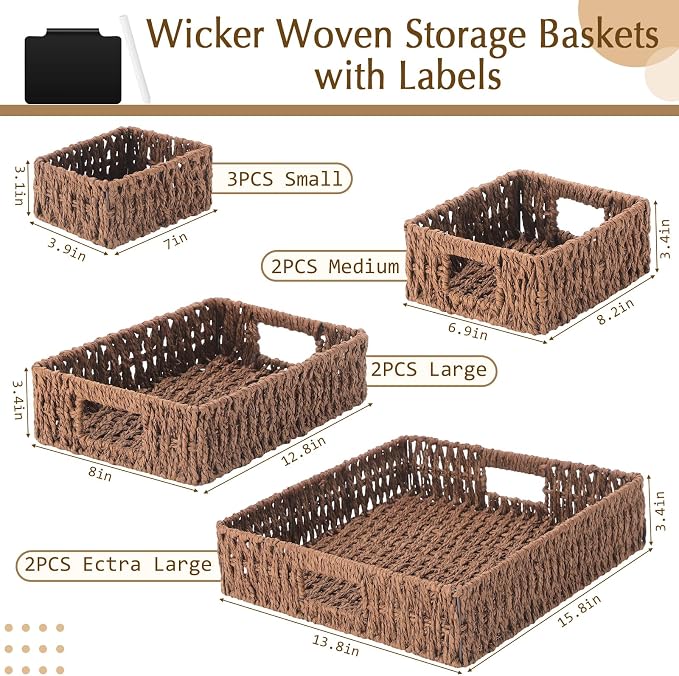 Marsui 9 Pcs Paper Rope Storage Baskets with Handle Labels Handwoven Multi-size Brown Storage Bins for Organizing Small Baskets Container for Shelves Closet Pantry Toilet - Image 2