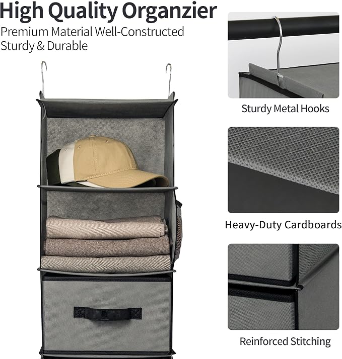 GRANNY SAYS Hanging Closet Organizer, 5 Drawers, 6 Shelves, 4 Pockets, Gray | Hanging Closet Organizer with 5 Different Drawer Designs, 6 Shelves & Reinforced Structure for Organized Small Spaces - Image 5