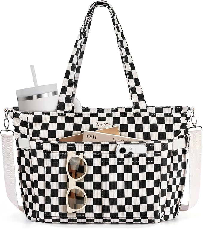 Bagstellar Corduroy Tote Bag for Women, 17 Pockets Laptop Work Tote Purse | Large 15.6” Computer Bag w/ 40oz Cup Holder & Strap, Zipper Teacher Nurse Bible Shoulder Bag for School Travel College Office by Bagstellar