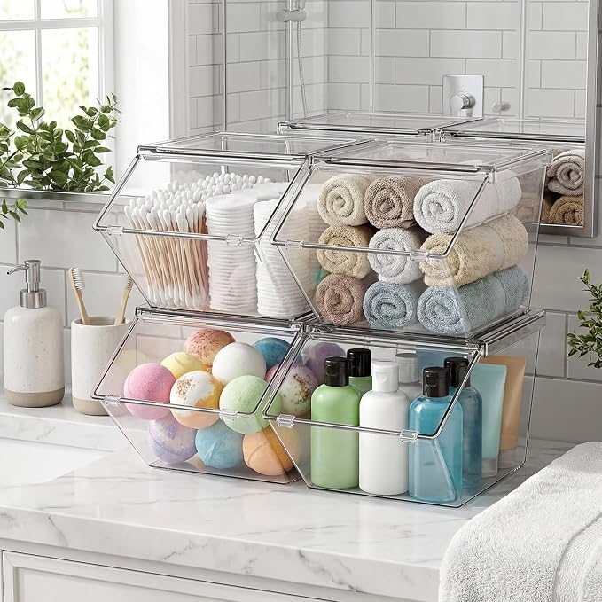 Yerliker 20 Pcs Clear Plastic Storage Bins with Lids Large Stackable Pantry Storage Organizer Bins Kitchen Organization Cabinet Organizers Ideal Containers for Fridge, Kitchen, Cabinets (Clear) - Image 6