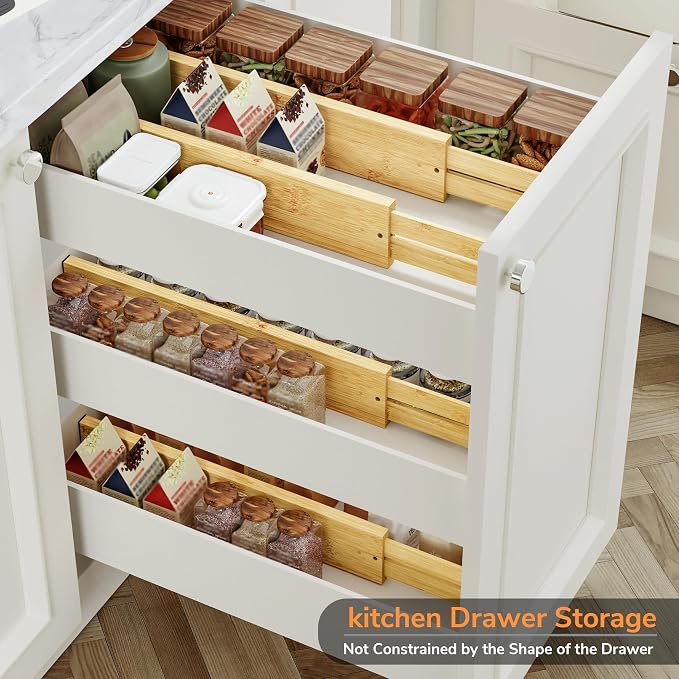 BAMEOS Bamboo Expandable Drawer Dividers – Fits 16.65"–22" Drawers, 3" Deep Walls, Set of 4 | Taller Spring-Loaded Separator Keeps Items Upright in Kitchen & Dresser Drawers - Image 4