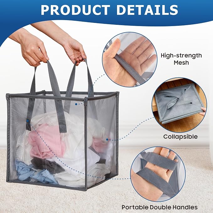 2 Pack Mesh Pop Up Laundry Basket with Handles 32L Portable and Collapsible Laundry Hamper Foldable Storage Organizer for Laundry Room Clothes Toys - Image 5