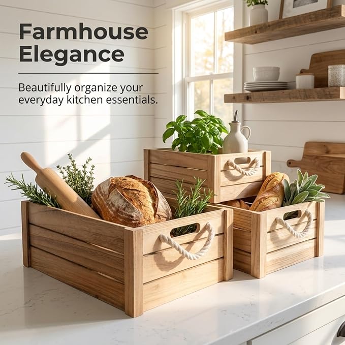 Set of 3 Natural Wood Crates with Rope Handles, Nesting Decor Storage Boxes | Rustic Farmhouse Organizer for Kitchen, Living Room, Bathroom, or Pantry. Nesting Design Keeps Shelves Tidy. - Image 3
