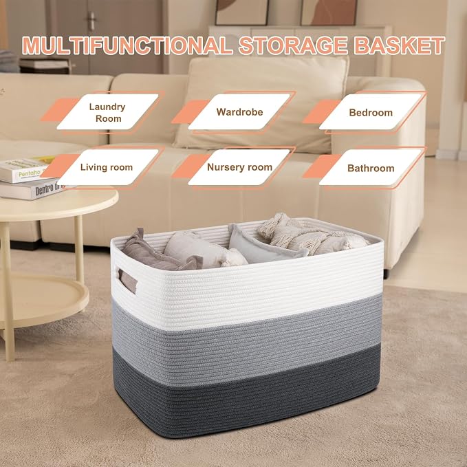 OIAHOMY 108L Extra Large Blanket Basket Dog Toy Basket radient Dark Grey | Rectangle Woven Baskets for Storage Cotton Rope Basket For Living Room Toy Storage Blanket Storage Laundry Basket - Image 6