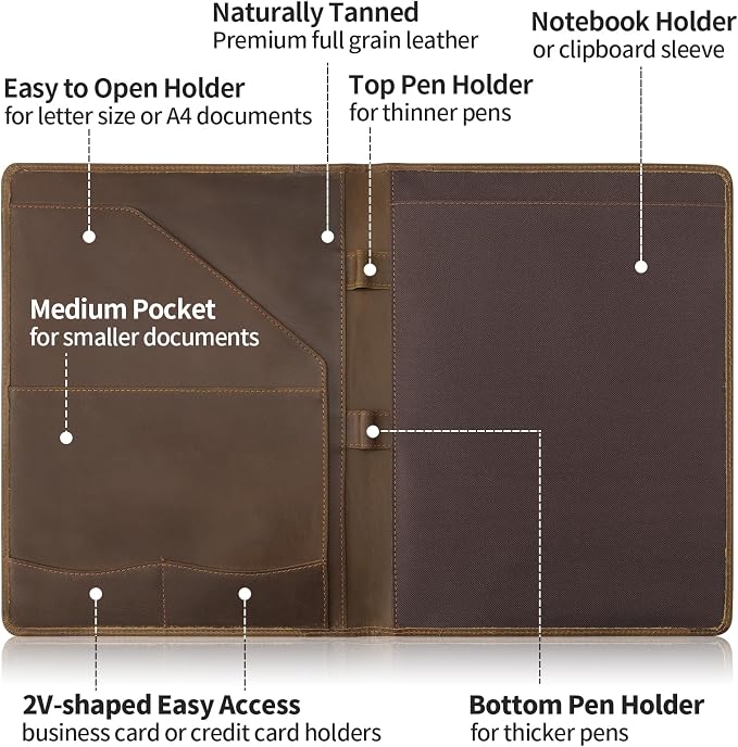 Leather Portfolio Organizer for Men Women, Leather Padfolio Business Resume Legal Pad Portfolio Notebook Binder for A4/Pad, Leather Folio Leather Folder, Brown - Image 3