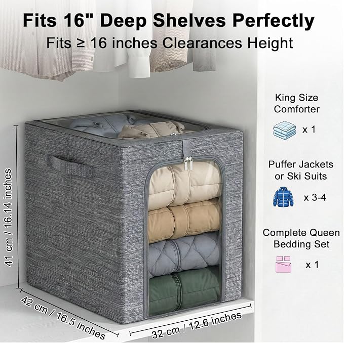 GoMaihe Blanket Storage Bins with Metal Frame for Closet, 55L 4-Pack Grey | Clothing Comforters Bedding Winter Coat, Closet Top Shelf, Collapse-Proof Stackable, Clear Window, Dual Access Space Saving - Image 3