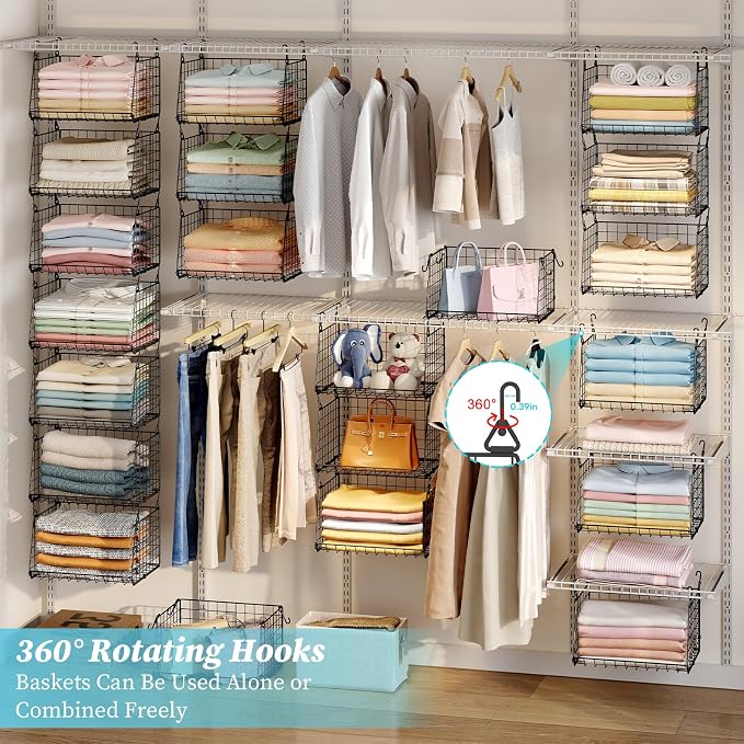 3-Pack Hanging Laundry Room Organizaton：Foldable Laundry Basket Wire Basket with 360°Rotating Hooks Small Space Organization Over Washer and Dryer Shelves - Hanging Closet Organizer, Black Patent - Image 4