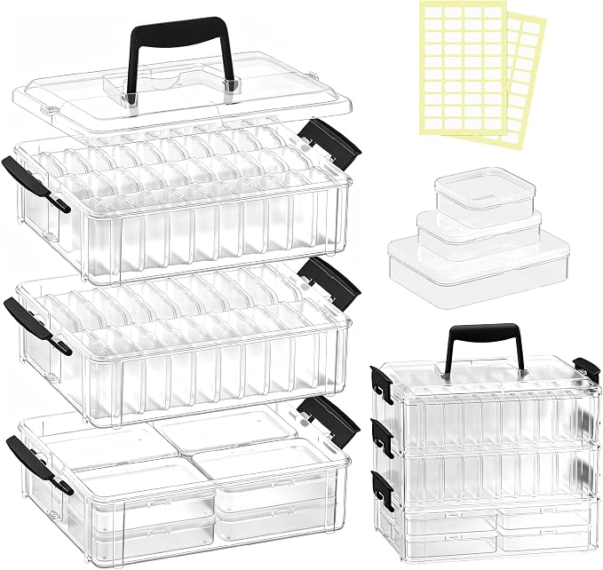 Bead Organizer Box 58 Pcs, 3-Tier Stackable Storage Box, and 3 Different Container Sizes Small Plastic Containers with Lids, Portability, Clear Organizers for Jewelry DIY Craft Storage by Unknown
