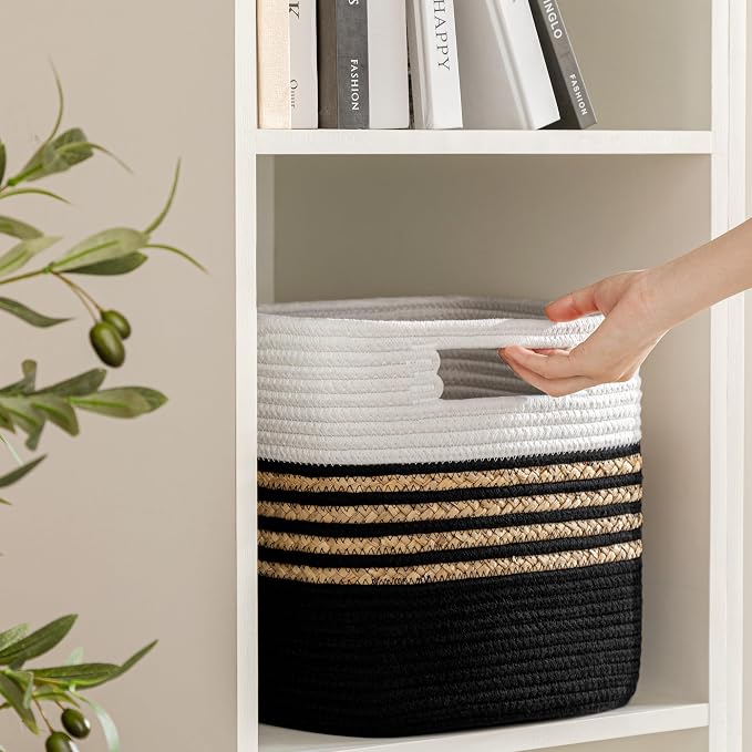 UBBCARE Set of 4 Storage Cubes 11 X 10.5 X 10.5 in, Water Hyacinth Storage Bins for Shelves, Toys, Books, Organizing Baskets with Handles, Cotton Rope Woven Baskets, Black - Image 6