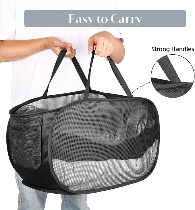 4 Pack Collapsible Laundry Baskets, Foldable Laundry Basket with Pocket, Durable Pop Up Hampers, Reinforced Handles Dirty Clothes Hamper for Laundry, Bedroom, Bathroom, Dorm, Travel or Camping Black - Image 6