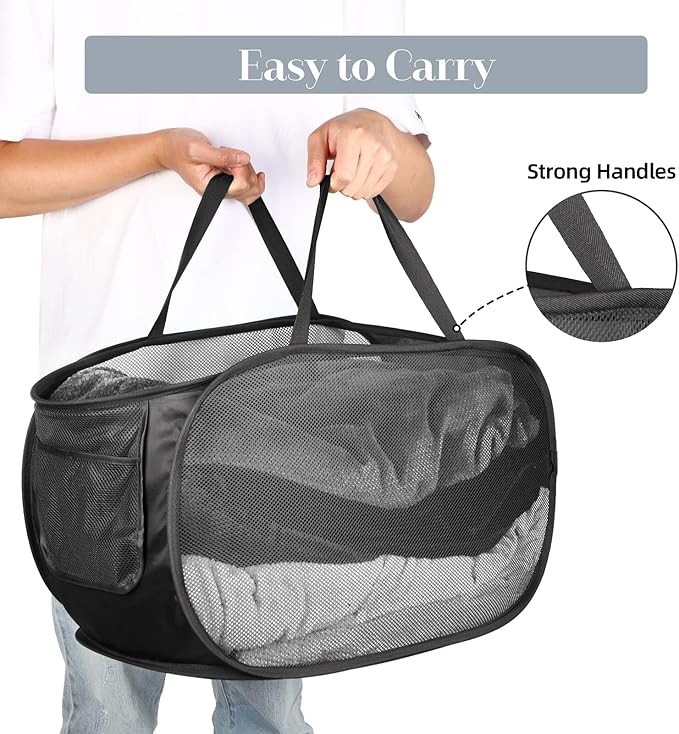 4 Pcs Durable Collapsible Laundry Baskets, Foldable Laundry Basket Large Opening, Pop Up Laundry Hamper with Pocket, Clothes Hamper with Handles for Laundry, Bathroom, Kids Room, Dorm or Trave - Image 5