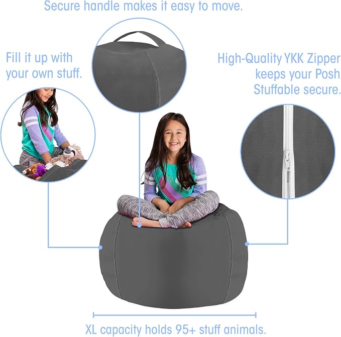 Posh Stuffable Kids Stuffed Animal Storage Bean Bag Chair Cover - Childrens Toy Organizer, Large 38" - Heather Gray - Image 2
