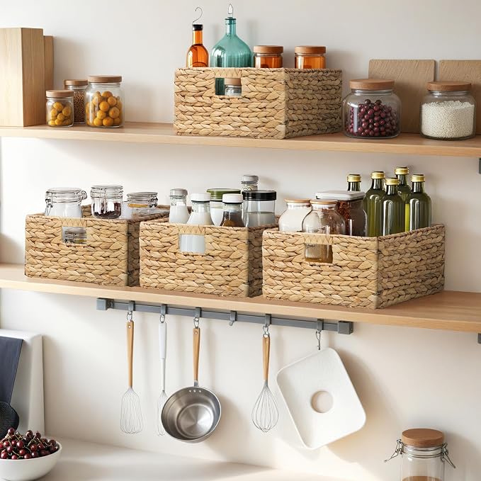 Rectangular Woven Hyacinth Wicker Pantry Storage Baskets, Set of 2 | 13.25"x9"x7", Natural, Iron Wire Frame - Image 2