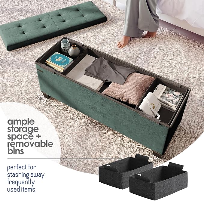 Storage Ottoman Bench with Bins, 43-in Storage Bench for Bedroom End of Bed, Folding Foot Rest Ottoman for Living Room Max 660lbs, Velvet Ottomans, Green - Image 4