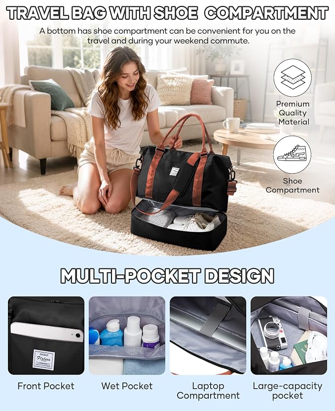 Travel Duffel Weekender Bag Women Tote Carry On Bags With Shoe Compartment | 18x14x8 inches Travel Overnight Bags with Trolley Sleeve for Airplanes Waterproof Sport Tote Gym with Toiletry Bag BlackBrown - Image 6