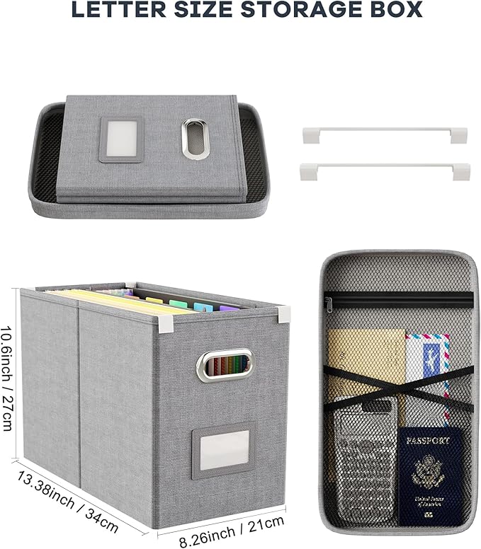 File Organizer Box with Lid, Hanging Filing File Box with Mesh Pocket, Document Organizer Box for Letter Files, Portable Storage Box with Smooth Sliding Rail for Office&Home(1 PCS, Grey) - Image 2