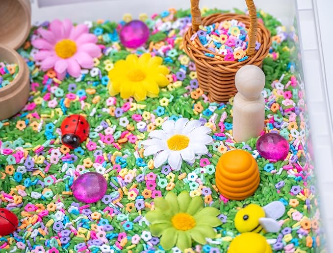 Spring Flower Sensory Bin Kit for Kids | Green Rice, Felt Bees, Wooden Eggs & Ladybugs, Floral Accessories & Wooden Tools – Includes Clear Storage Bin - Image 6