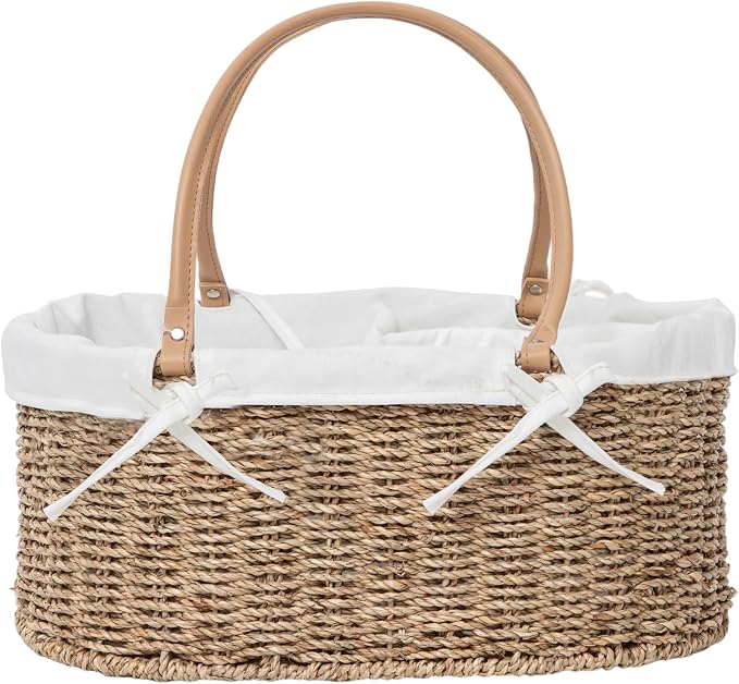 Seagrass Wicker Diaper Caddy,Woven Baby Organizer for Nursery | Woven diaper caddy with PU Handles& Detachable Lining for Newborn Bath, clothes,Cute Registry Must Have for Baby Gifts by QingtuHome
