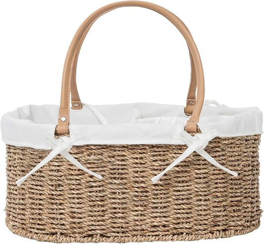 Seagrass Wicker Diaper Caddy,Woven Baby Organizer for Nursery | Woven diaper caddy with PU Handles& Detachable Lining for Newborn Bath, clothes,Cute Registry Must Have for Baby Gifts by QingtuHome
