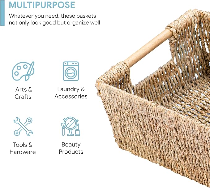 Natural Seagrass Storage Basket with Handle, Rectangular Woven Organizer Bin for Living Room or Shelf, Decorative Storage Basket, Medium Size 13.4 x 9.3 x 4.9 Inches - Image 2
