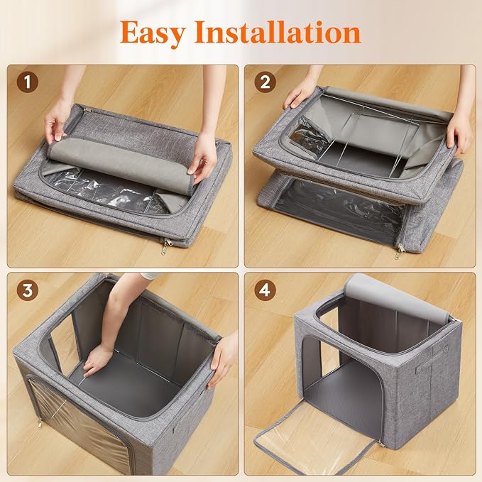 Lifewit Clothes Storage Bins with Metal Frame, Stackable Storage Box, Foldable Clothing Storage Bins with Lids, 100L Storage Bags Fabric Box Organizer with Clear Window＆ Zippers＆ Sturdy Handles 3 Pack - Image 7