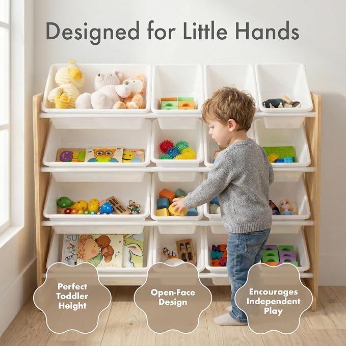 Humble Crew Kids Toy Organizer with 16 Bins, 4 Tier Storage for Playroom | Sturdy wood and steel toddler shelf, removable BPA-free containers, wall anchor anti-tip safety kit for bedroom or classroom - Image 2