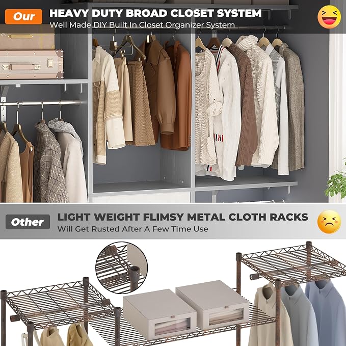 5FT Small Closet System with 3 Fabric Drawers, 60 Inches Walk In Closet Organizer System With 3 Adjustable Shelves, Heavy Duty Clothes Rack Built-In Garment Rack, 59" L x 16" W x 71" H, Grey - Image 3