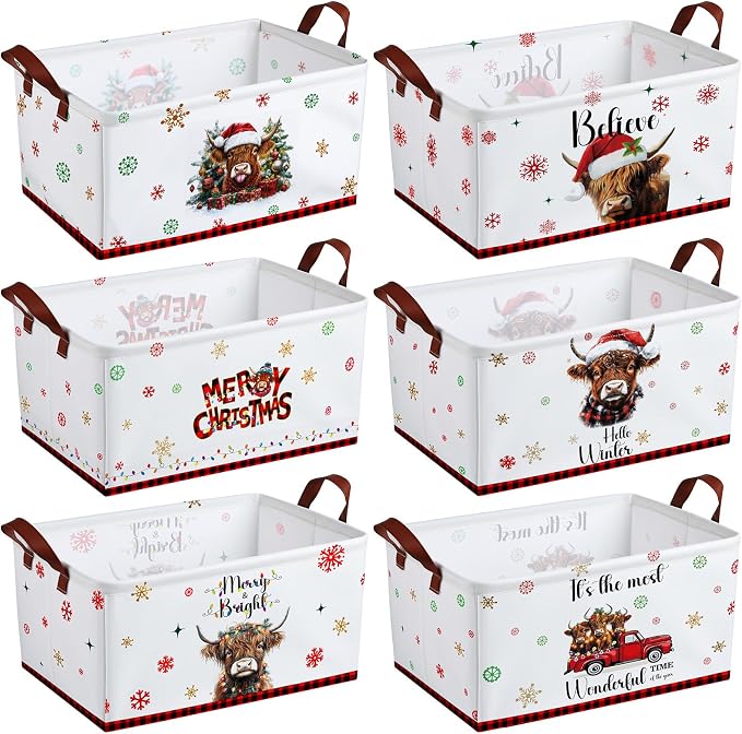 CHENGU 6 Pack Christmas Storage Basket Collapsible Christmas Basket for Gifts Highland Cow Holiday Decor Large Red Truck Bin Foldable Xmas Tree Box with Handle for Bedroom Office Home by CHENGU