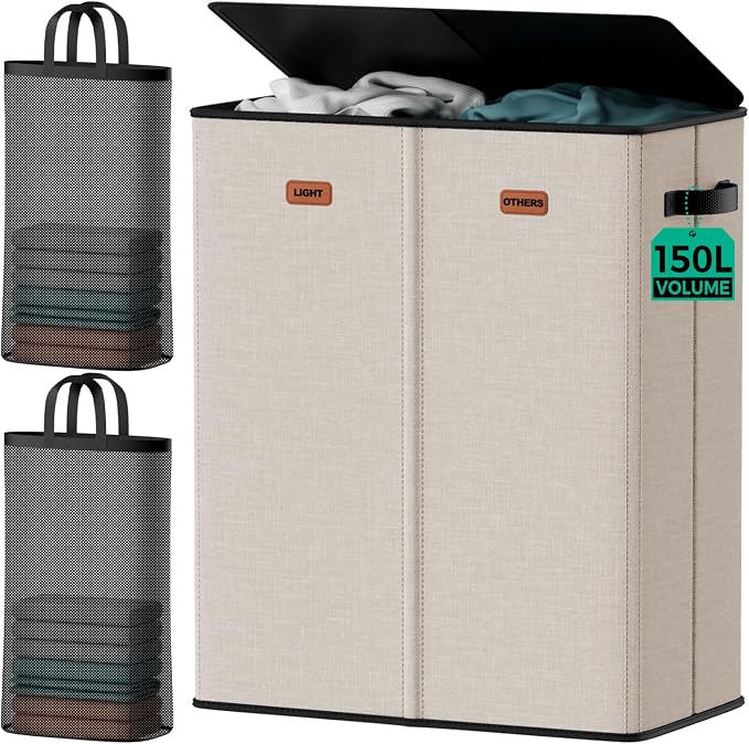 150L 2-Section Laundry Hamper with Lid – Removable Bag, Double Compartment Clothes Hamper for Bathroom, Bedroom, Dorm & Laundry Room by MECINFUL