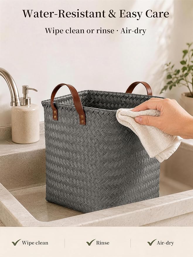 Wicker Storage Baskets, 4 Pack Woven Baskets for Shelves, Grey | PP Rattan, Water-resistant Wicker Basket, Large Baskets with Faux Leather Handles for Blanket, Laundry Organizer, Room Decor - Image 7