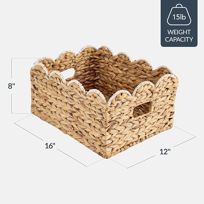 Best Choice Products 16x12 Scalloped Shelf Baskets, Woven Storage Bins, Storage Organizers for Pantry, Living Room, Bedroom, Nursery & Laundry, 2 Pack - Natural with White Trim - Image 2