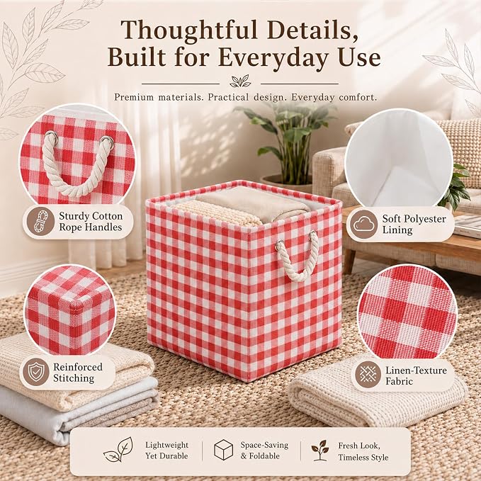 6 Pack Gingham Storage Bins, 11 Inch Cube Fabric Storage Baskets | Foldable Fabric Cube Baskets with Reinforced Handle,Checkered Classroom Storage Bins, for Shelves, Closets, Room Organization - Image 3