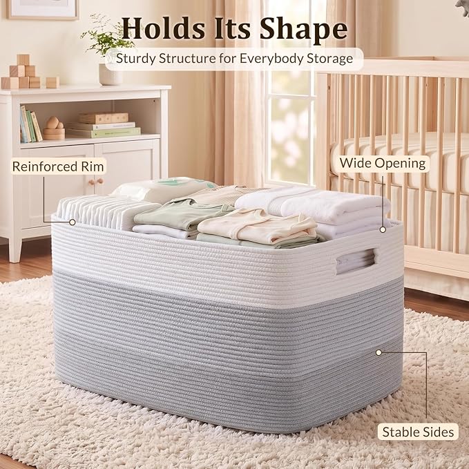 OIAHOMY 108L Super Large Blanket Basket, 25”x16”x16”(108L) Rectangle Woven Baskets for Storage, Cotton Rope Basket For Living Room, Toy Storage with Handle - Gradient Grey | Rectangle Woven Baskets for Storage Cotton Rope Basket For Living Room Toy Sto... - Image 4